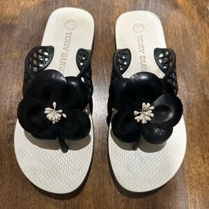 Tory Burch Black and White Floral Slide Sandals